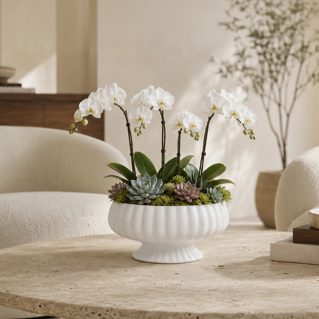 A white ceramic planter with a fluted rim and pedestal base, filled with white orchids, green succulents, and moss, displayed on a round stone coffee table in a modern living room setting.