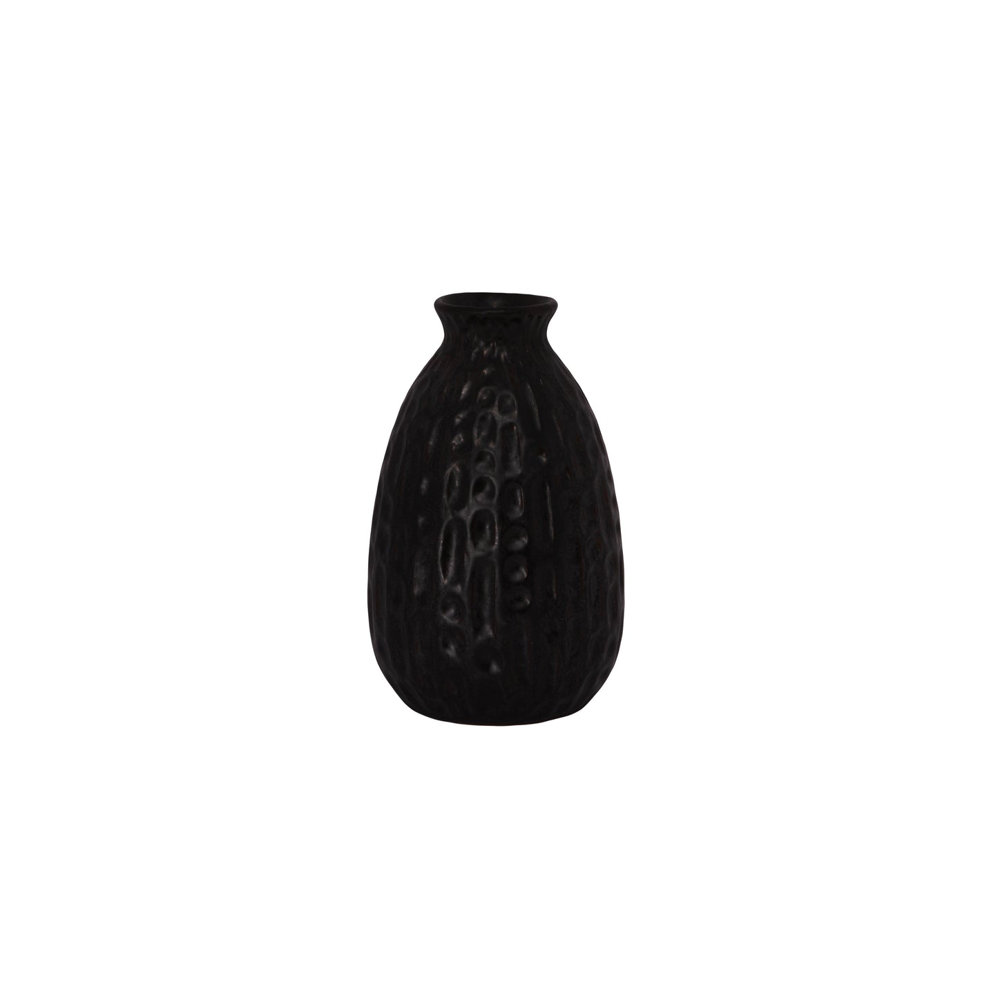 A black ceramic vase with a textured surface on a white background.