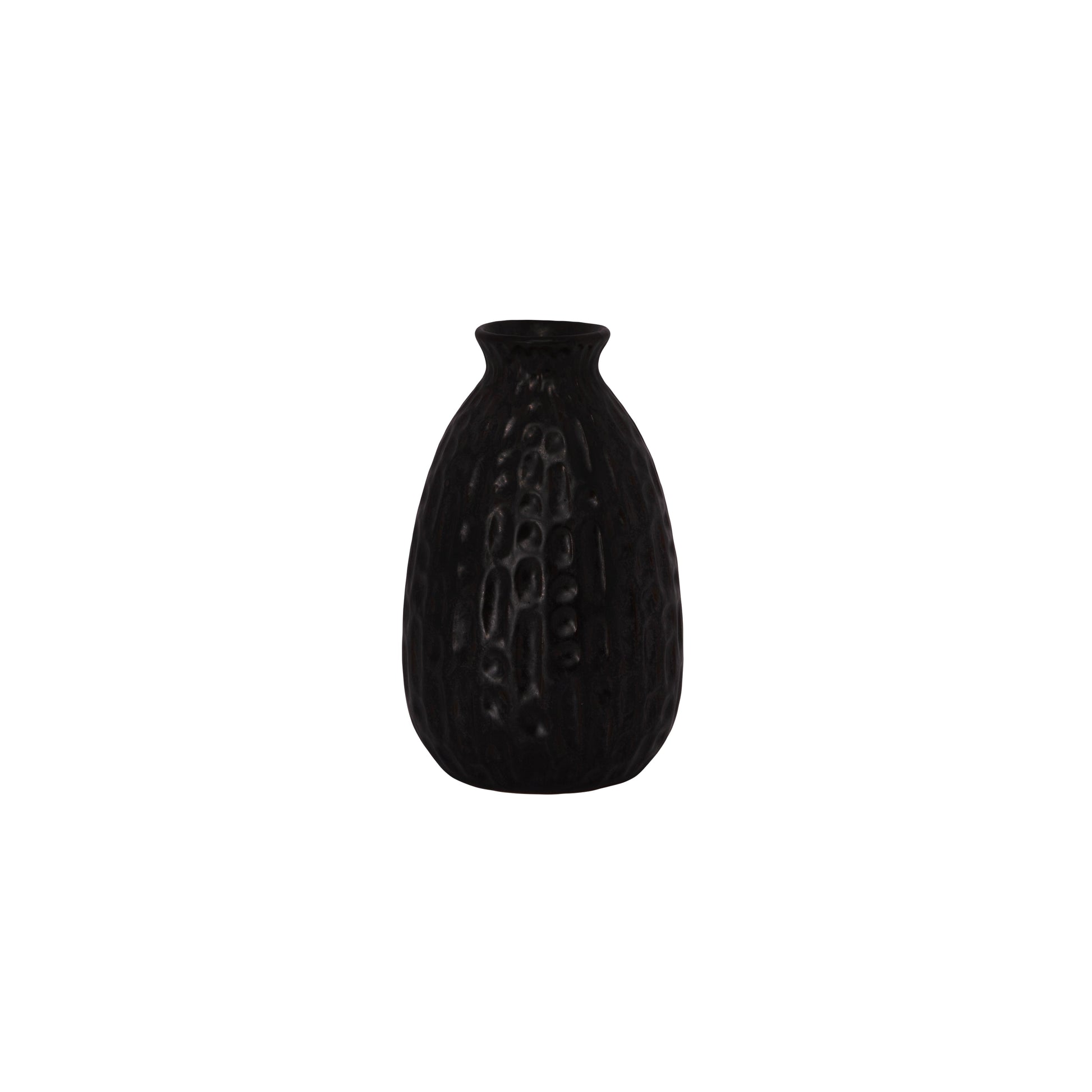 A black ceramic vase with a textured surface on a white background.