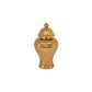 A gold ceramic urn vase with a ribbed design and a lid.