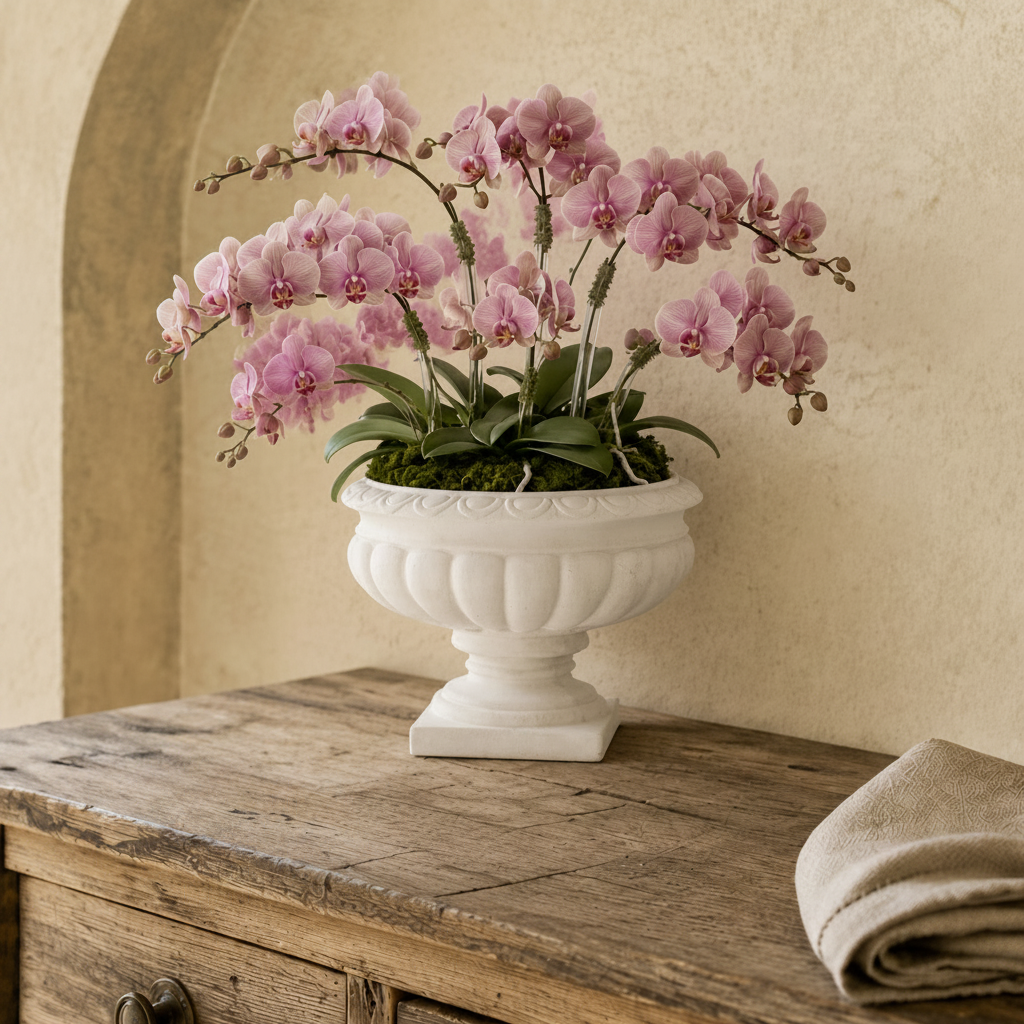 A white stone-style urn planter holding a pink Phalaenopsis orchid arrangement, placed on a rustic wooden table against a warm beige wall.