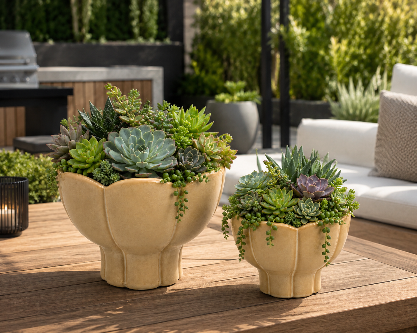 Phoenix Scalloped Lotus Pedestal Ceramic Planter - Beige