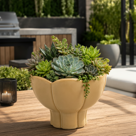 Phoenix Scalloped Lotus Pedestal Ceramic Planter - Beige
