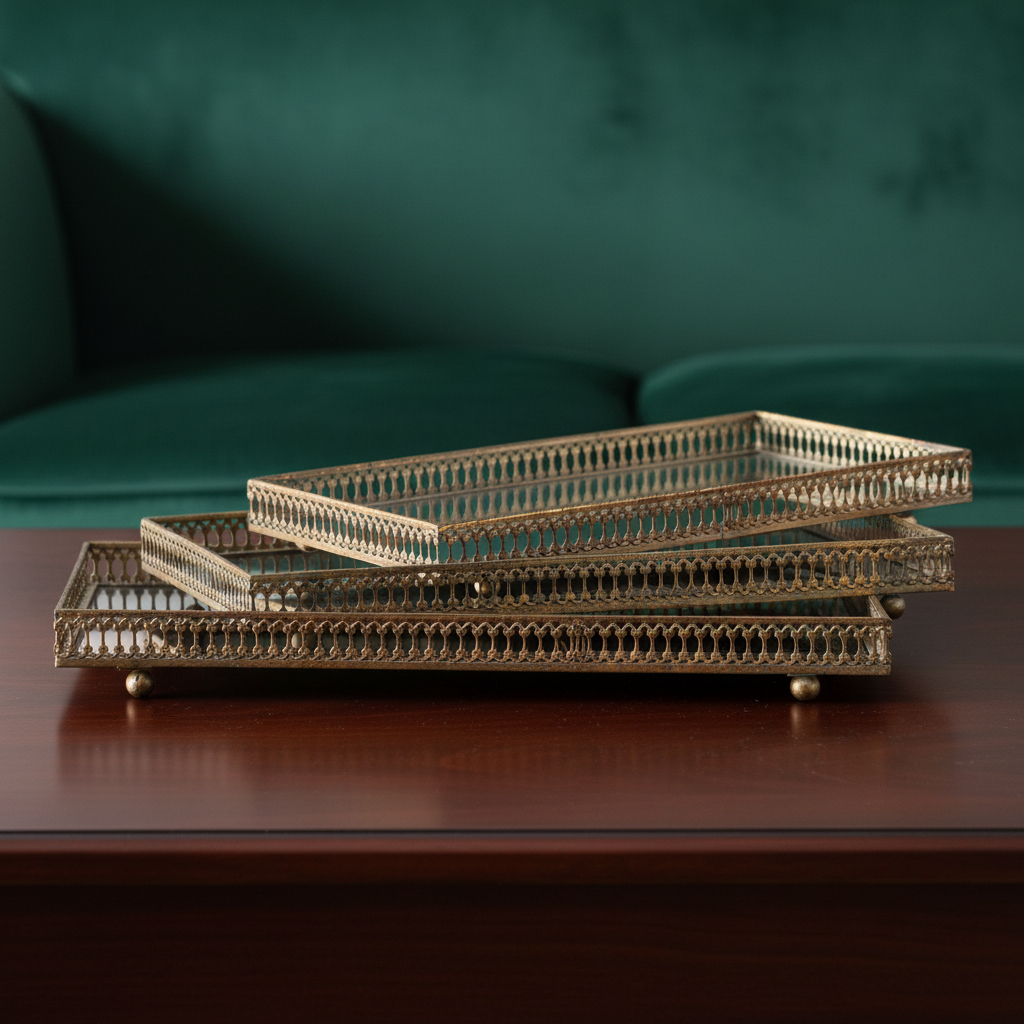 Three nested rectangular decorative trays with ornate gold-toned metal frames and small gold feet, displayed on a dark wooden table in front of a deep green sofa.