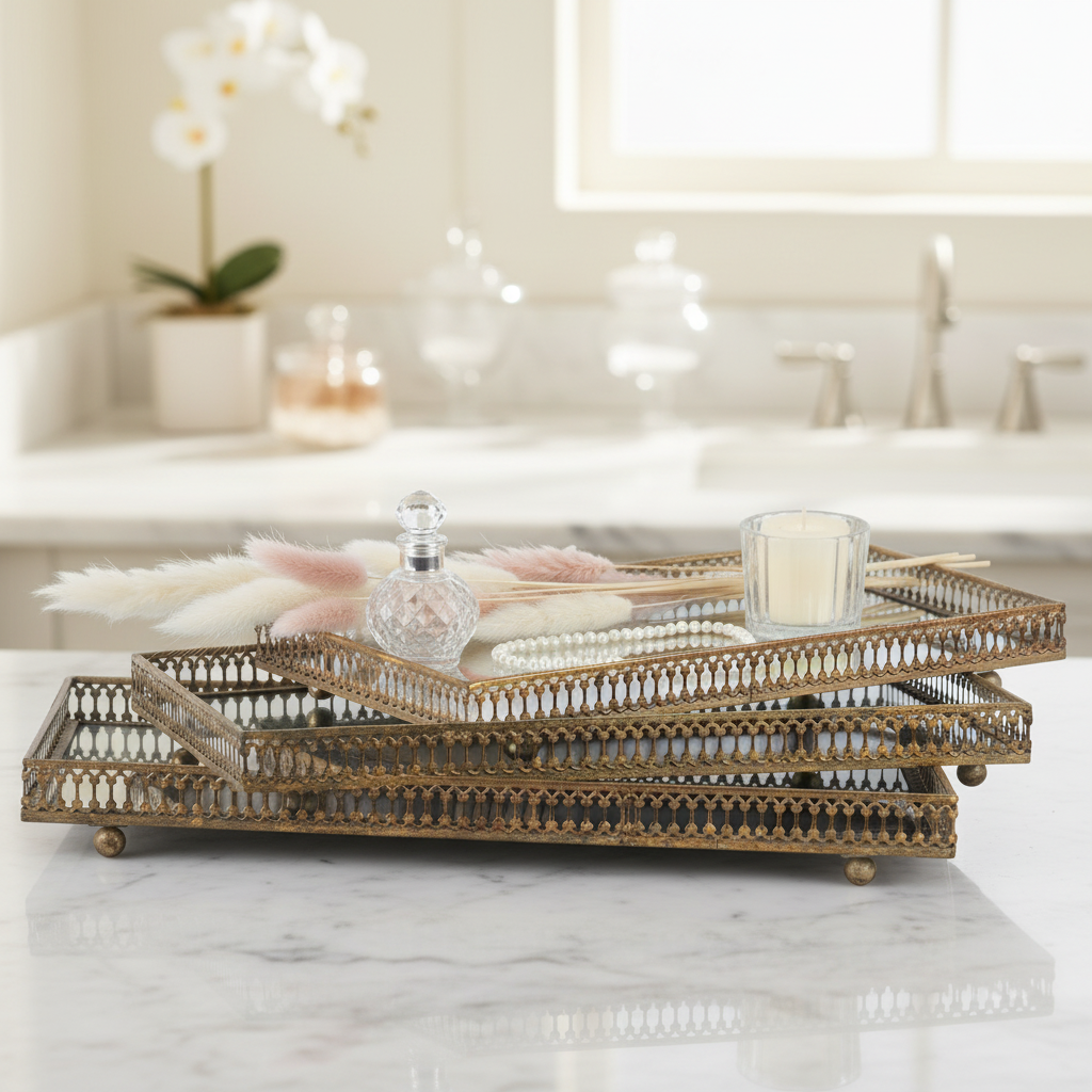 Three stacked rectangular decorative trays with mirrored surfaces and ornate gold-toned metal frames, styled with a glass perfume bottle, pampas grass, and a candle on a white background.