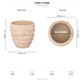 Product dimension diagram for a textured beige planter pot, showing front and top views with measurements in inches on a white background.