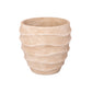 A small textured planter pot with a ribbed, wavy exterior design in a sandy beige color, shown against a plain white background.