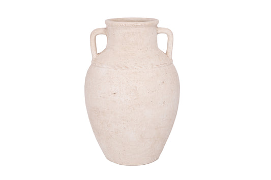 A beige terracotta vase with a classic shape and a handle on each side, against a white background.