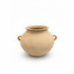 Beige ceramic vase with two handles on a white background