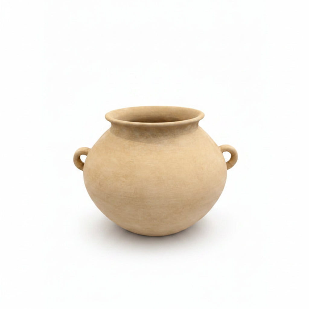 Beige ceramic vase with two handles on a white background