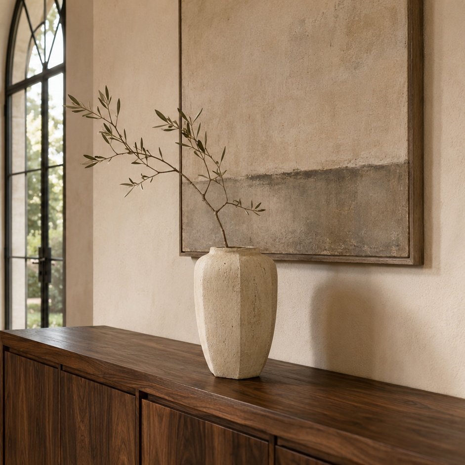 A styled interior scene showing a dark wood sideboard with a tall textured beige vase holding delicate branches, beneath a large framed abstract print on a cream wall. In the background, a dining area with a wooden table, upholstered chairs, arched windows, and a chandelier is visible.