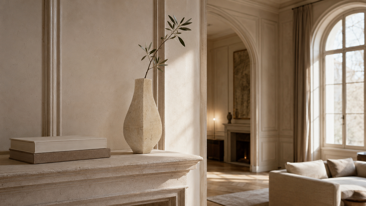 A minimalist beige ceramic vase with a single leafy sprig, displayed on a stone fireplace mantel in a warm, elegant room with an arched doorway and a sofa in the background.