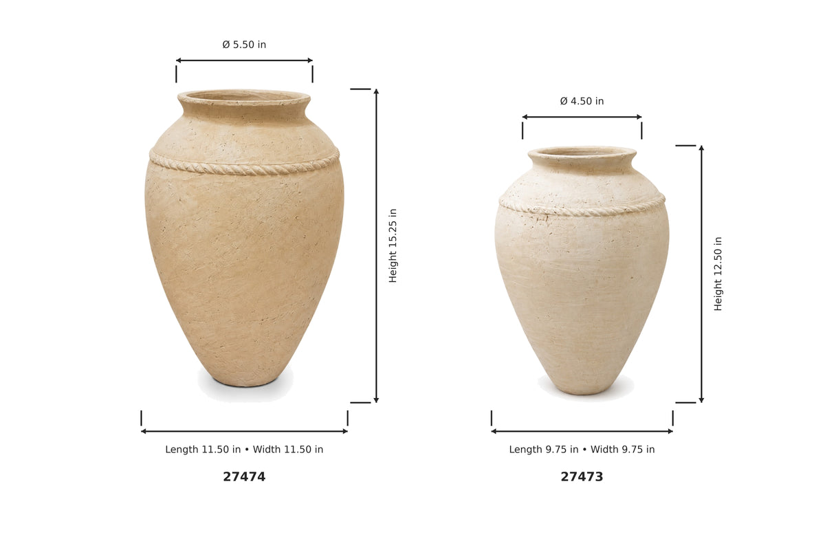 Two beige ceramic vases shown on a white background with dimension callouts and product codes. The left vase is labeled 27474 and is taller and wider, while the right vase is labeled 27473 and is slightly smaller and narrower.