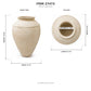 Product dimensions diagram for a beige ceramic vase, showing front and top views with labeled measurements including height 13.50 inches, width 9.