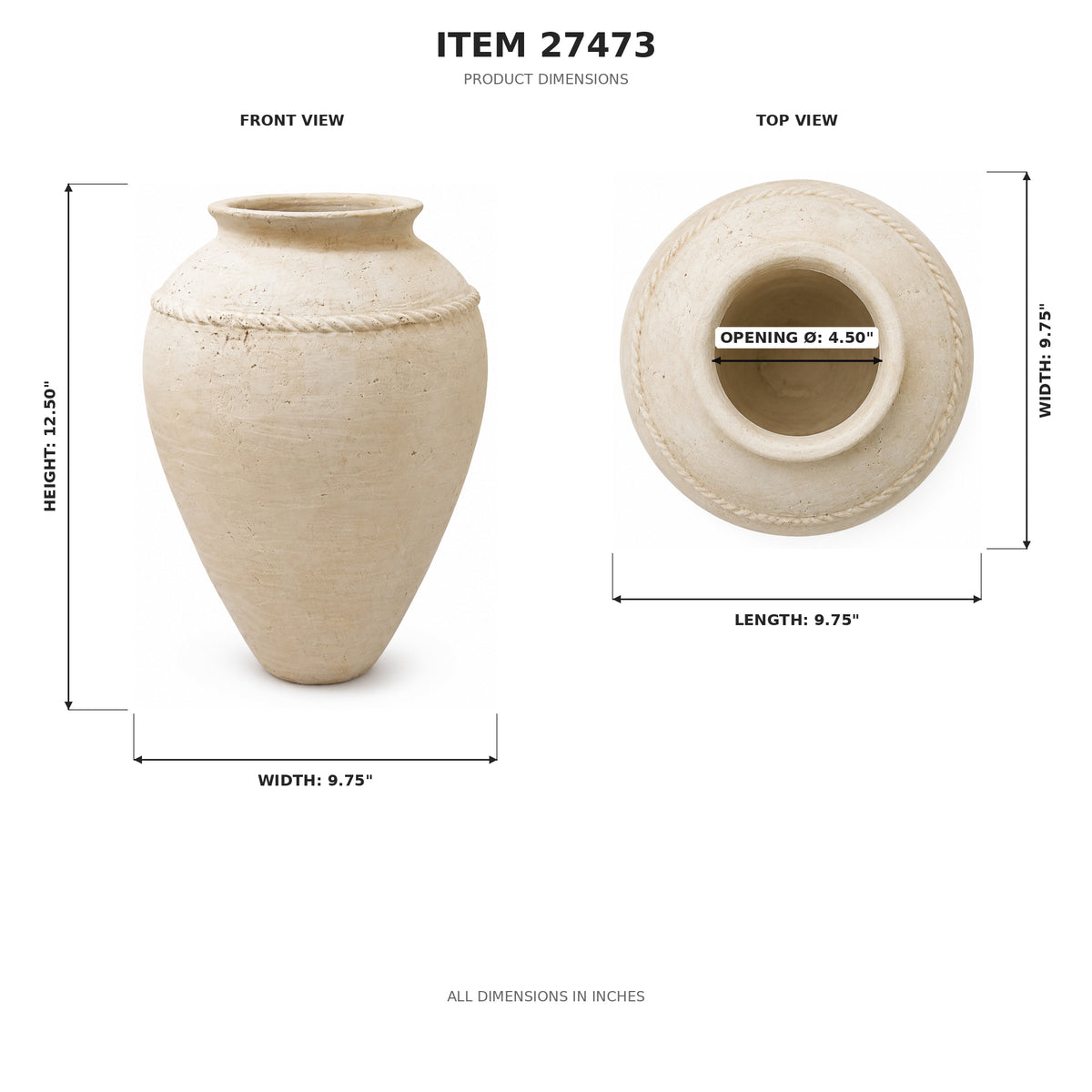 Product dimensions diagram for a beige ceramic vase, showing front and top views with labeled measurements including height 13.50 inches, width 9.