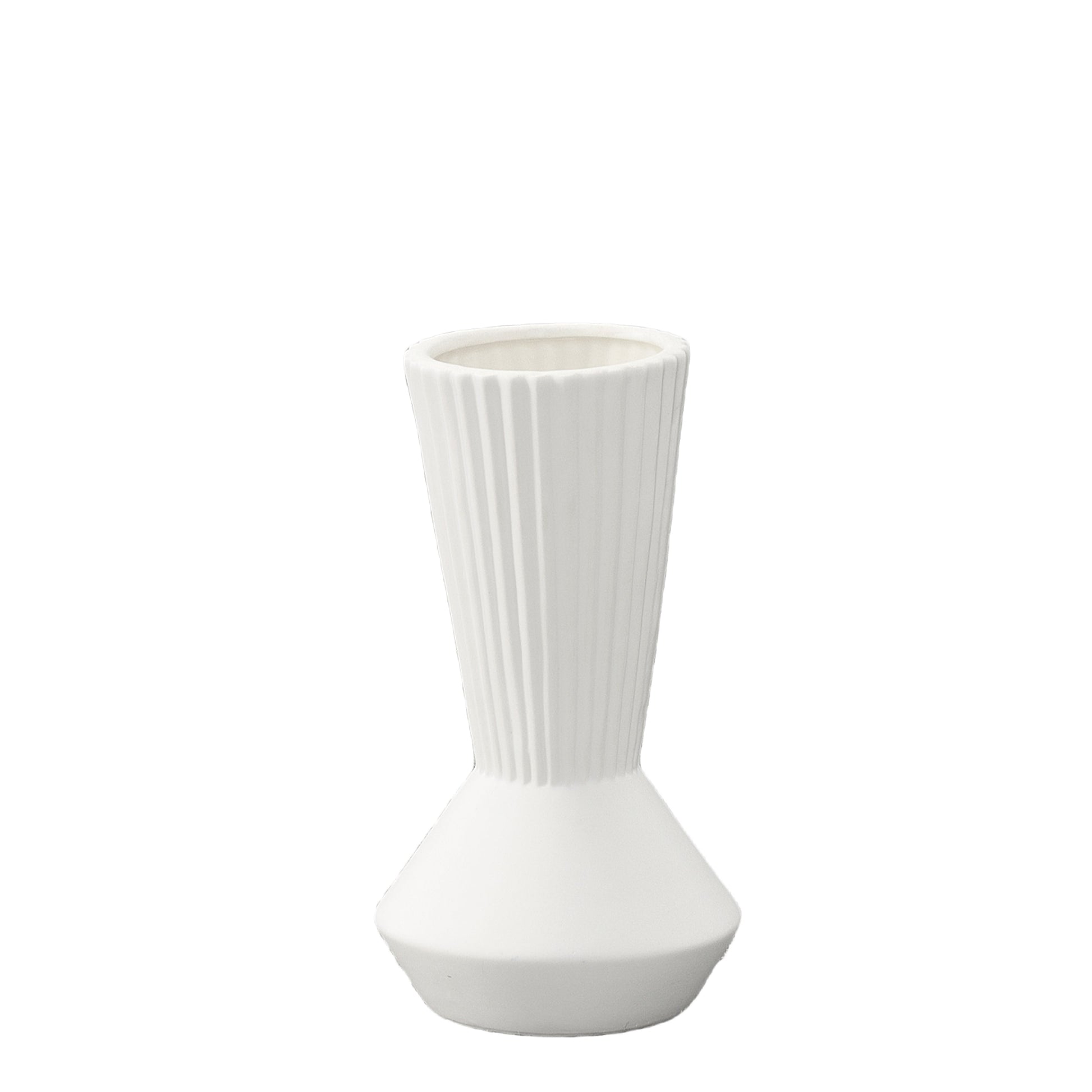 A matte finish white ceramic round vase with a long neck and a trumpet mouth.