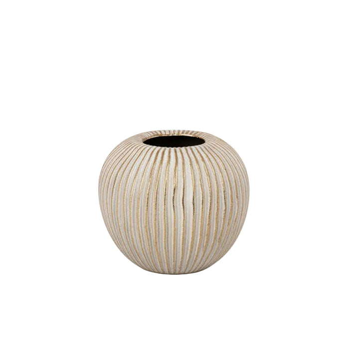 A round, ribbed ceramic planter pot in a natural beige wood-grain finish, shown against a plain white background.
