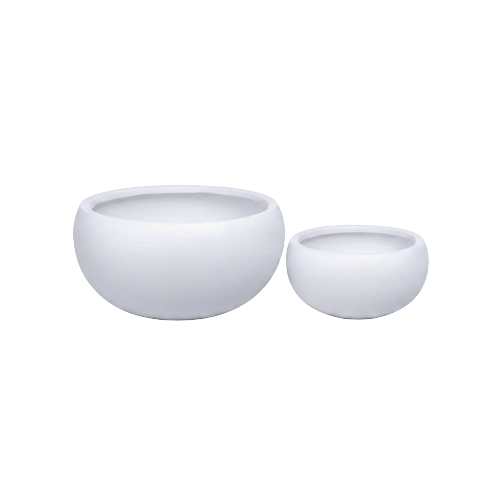 Two minimalist matte white ceramic planters in different sizes, displayed on a seamless white background.