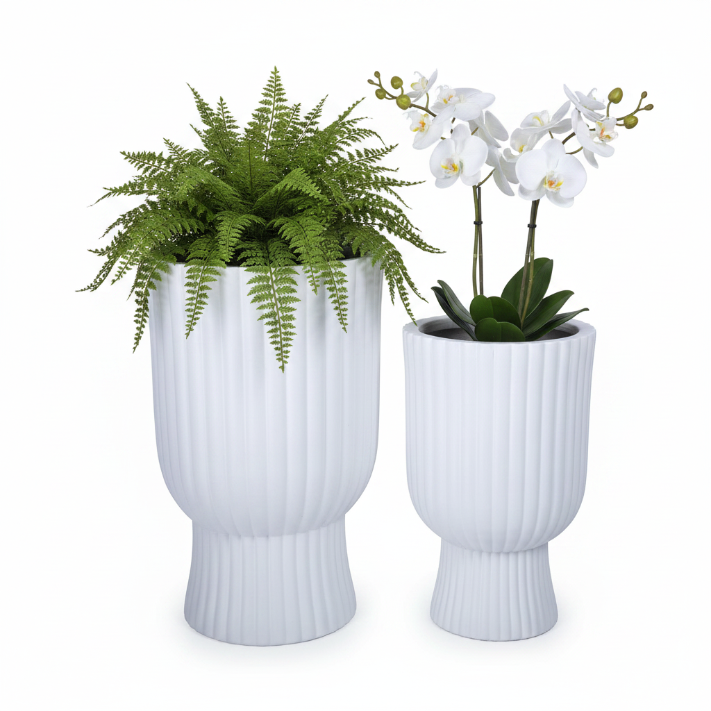 Xena Fluted Pedestal Fiberglass Planter Set (Set of 2)