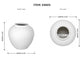 White ceramic vase shown with front and top views on a white background, with dimension arrows and text indicating height, width, and opening size.