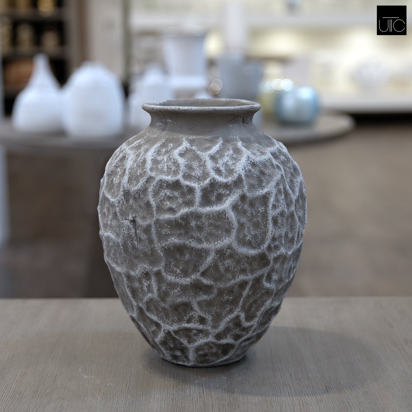 Yeva Ovoid Cement Vase with Diamond-Lattice Texture