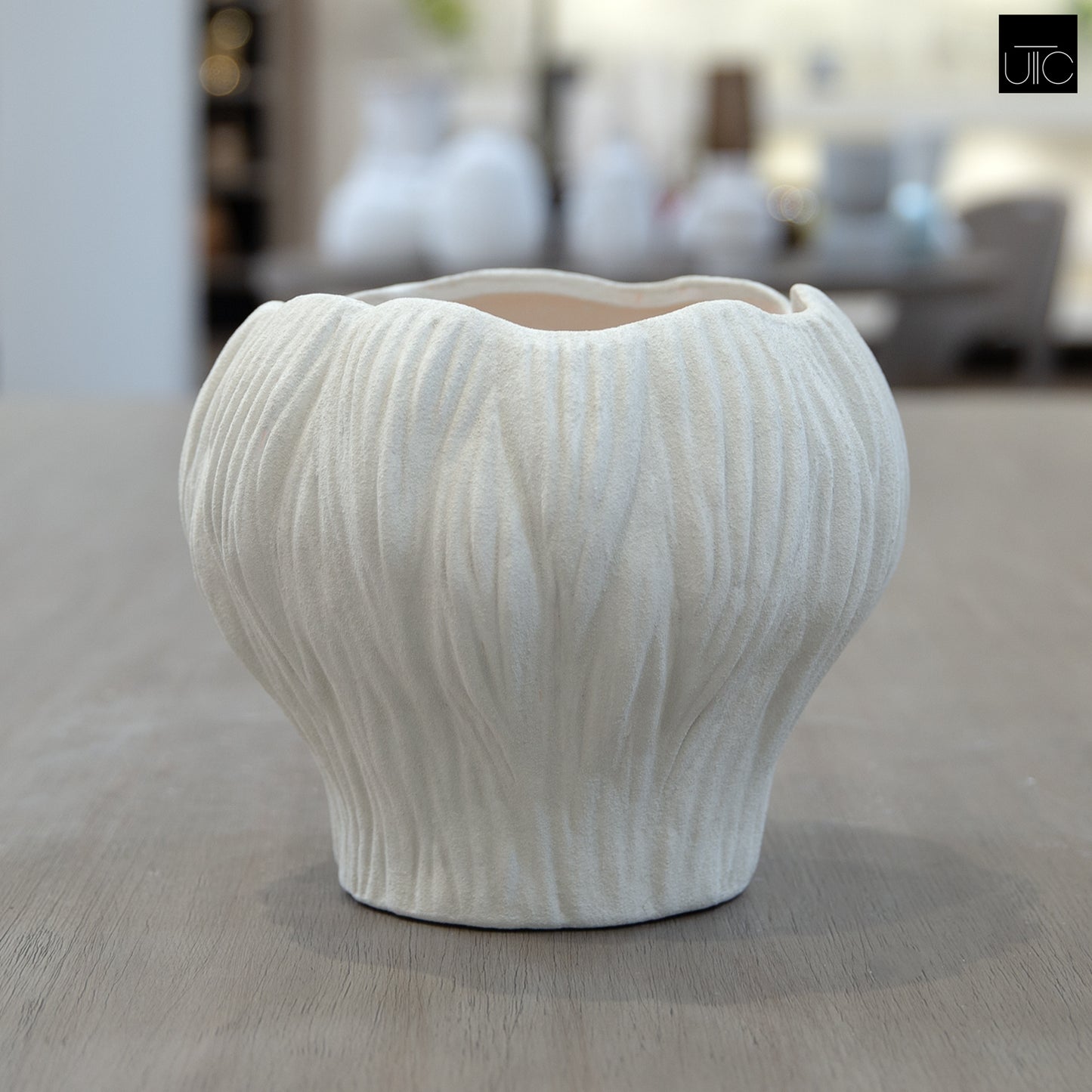 Aliona Bulbous Clay Planter with Wavy Rim & Vertical Ridges