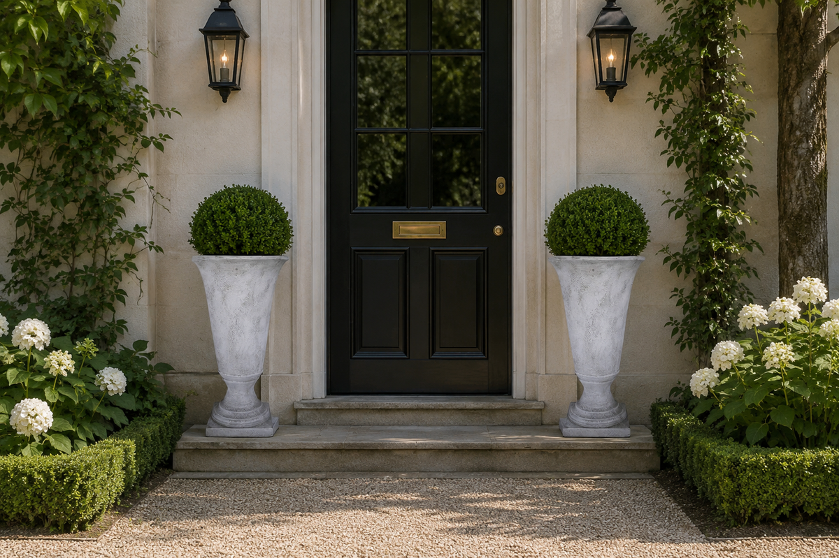 A black front door set in a beige stucco entryway, flanked by two large white stone planters with rounded green shrubs, with ivy climbing the walls and white flowers at the base.