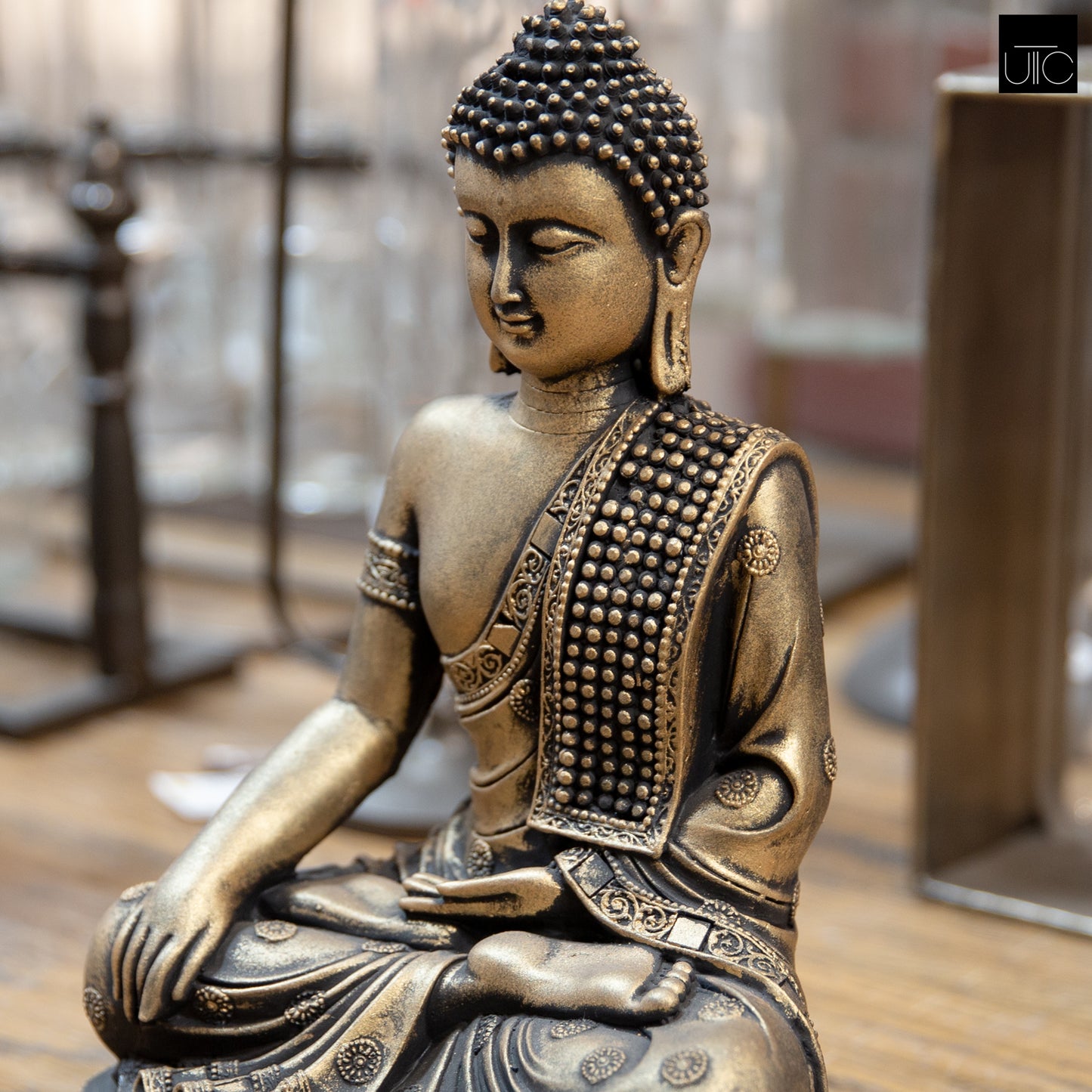 Deirdre Cement Meditating Buddha Figurine in Bhumisparsha Mudra with Shoulder Sash on Base