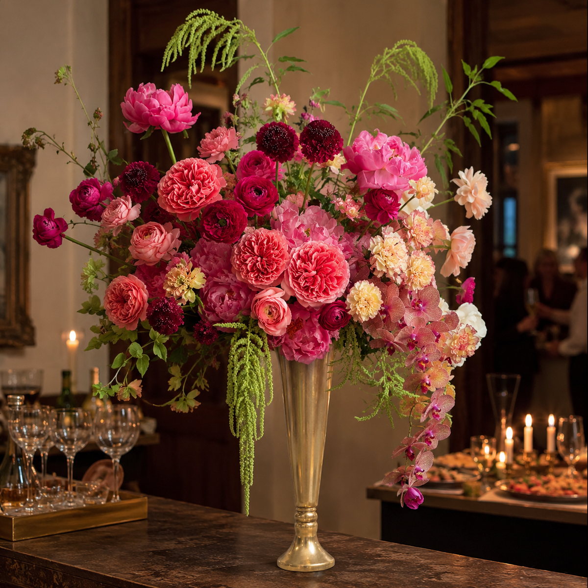 A large, vibrant floral arrangement in a tall gold-toned vase, set on a dark wooden table in a warmly lit event venue with blurred candles and guests in the background.