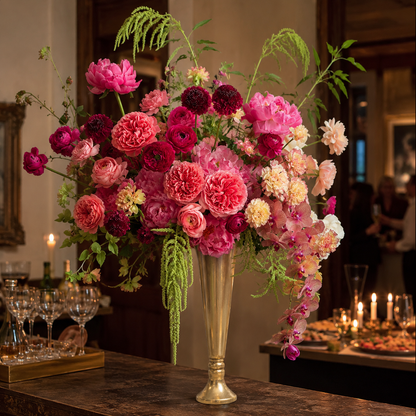 A large, vibrant floral arrangement in a tall gold-toned vase, set on a dark wooden table in a warmly lit event venue with blurred candles and guests in the background.