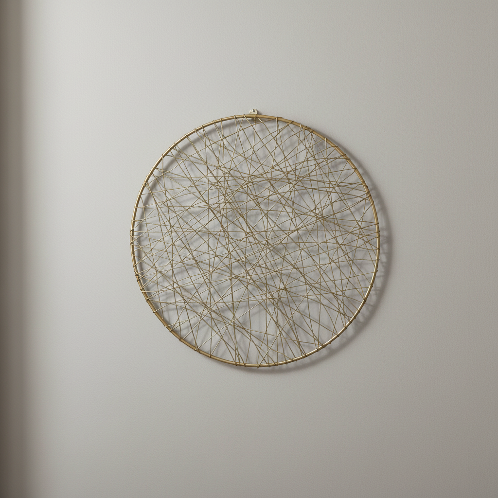 A circular wall hanging with a thin gold-toned wire frame and dense intersecting string webbing, mounted on a plain light gray wall.