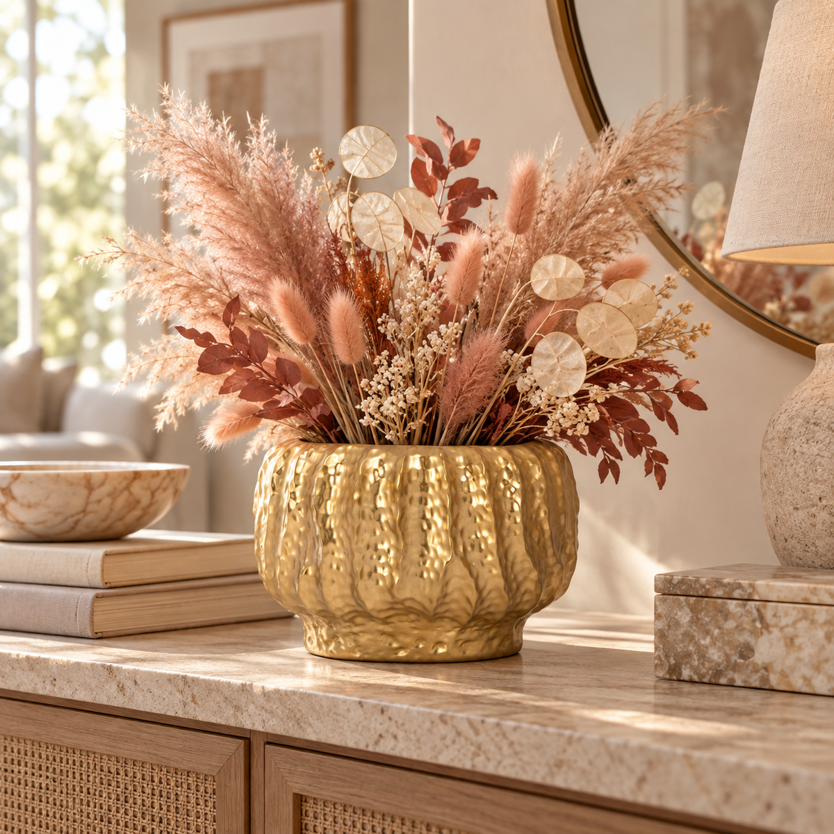 A decorative arrangement of dried pampas grass, blush stalks, and rust-toned leaves in a textured metallic gold vase, styled on a marble sideboard in a warm, sunlit room.