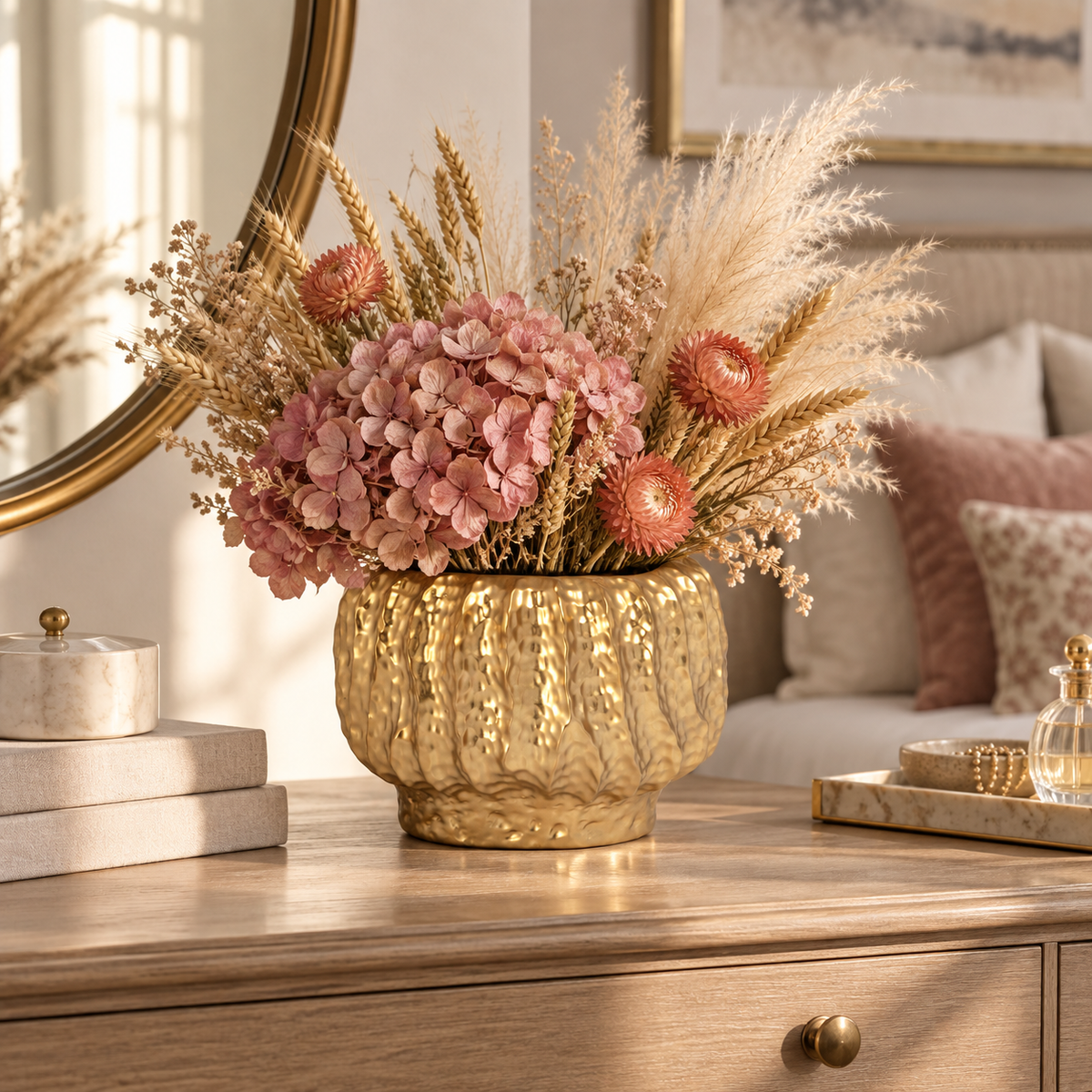 A decorative dried floral arrangement in a textured gold ceramic vase, styled on a wooden dresser in a warm, softly lit bedroom or living space with pillows, a mirror, and books in the background.