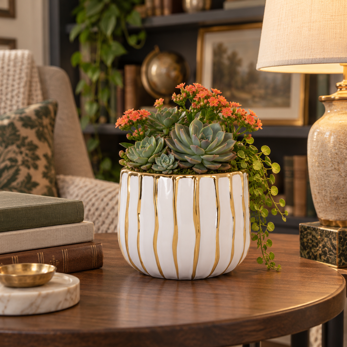 A white ceramic planter with vertical gold stripes and gold leaf detailing, filled with green succulents and orange flowers, styled on a wooden table in a cozy living room setting.