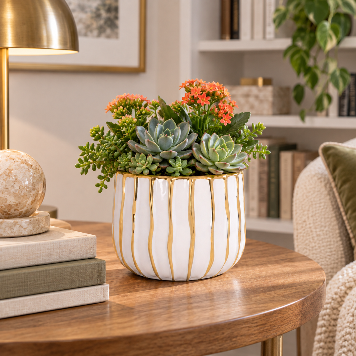 A white ceramic planter with vertical gold stripes, filled with green succulents and orange flowers, set on a wooden table in a cozy living room setting.