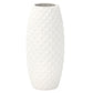 A white ceramic round vase with a wide mouth, diamond engraved body, and a matte finish.