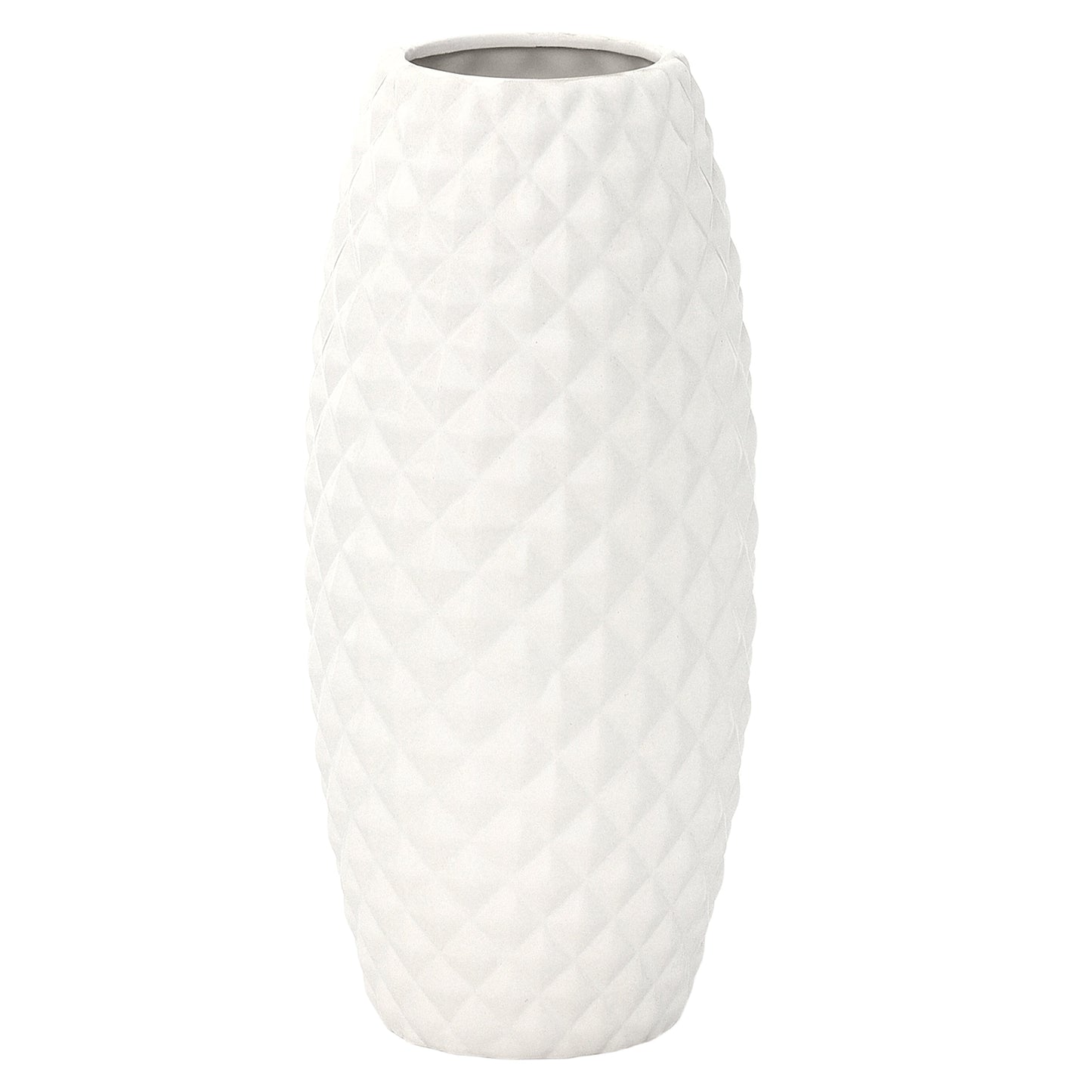 A white ceramic round vase with a wide mouth, diamond engraved body, and a matte finish.