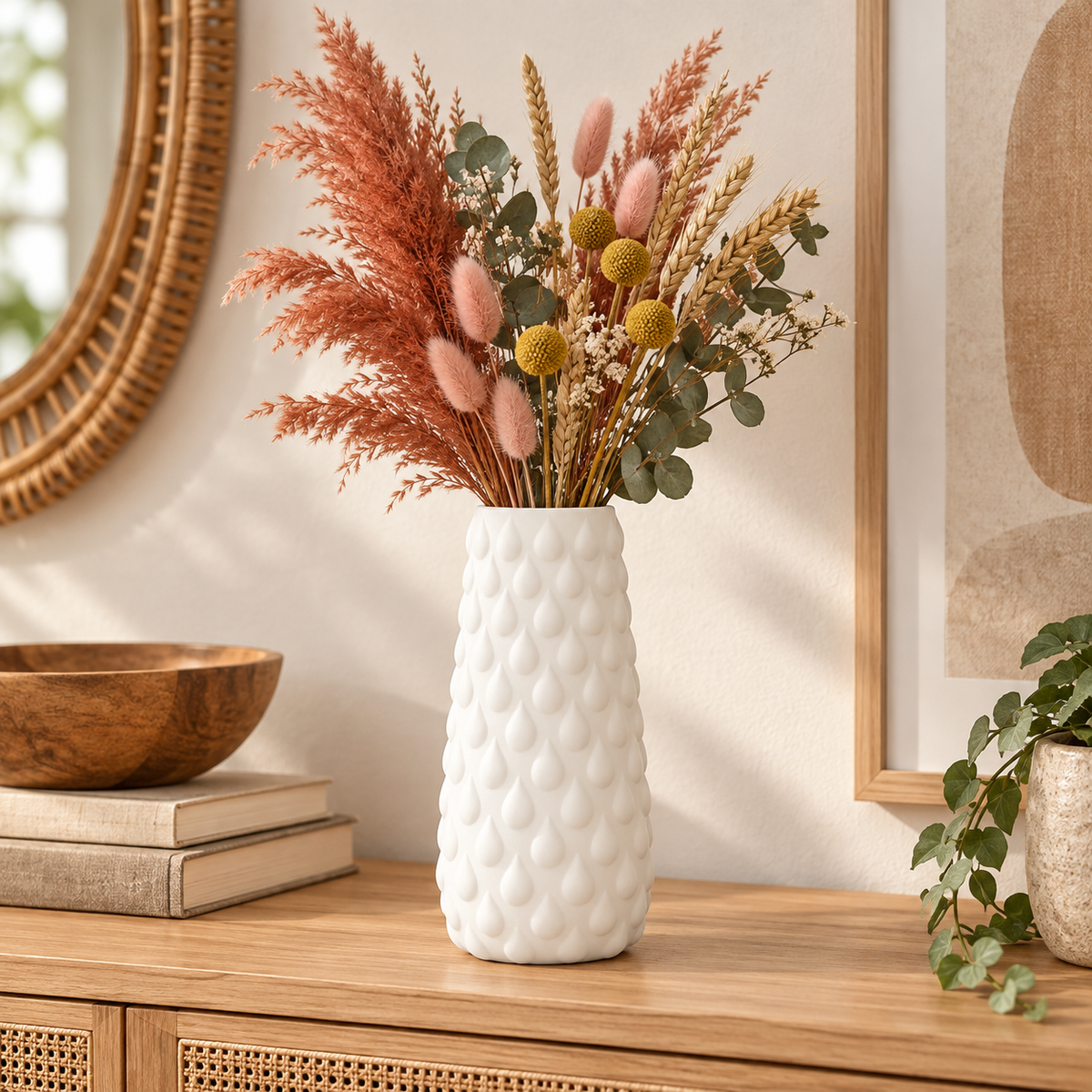 A white textured ceramic vase filled with dried decorative grasses, pink flower buds, and green eucalyptus leaves, displayed on a wooden console table in a styled interior setting.