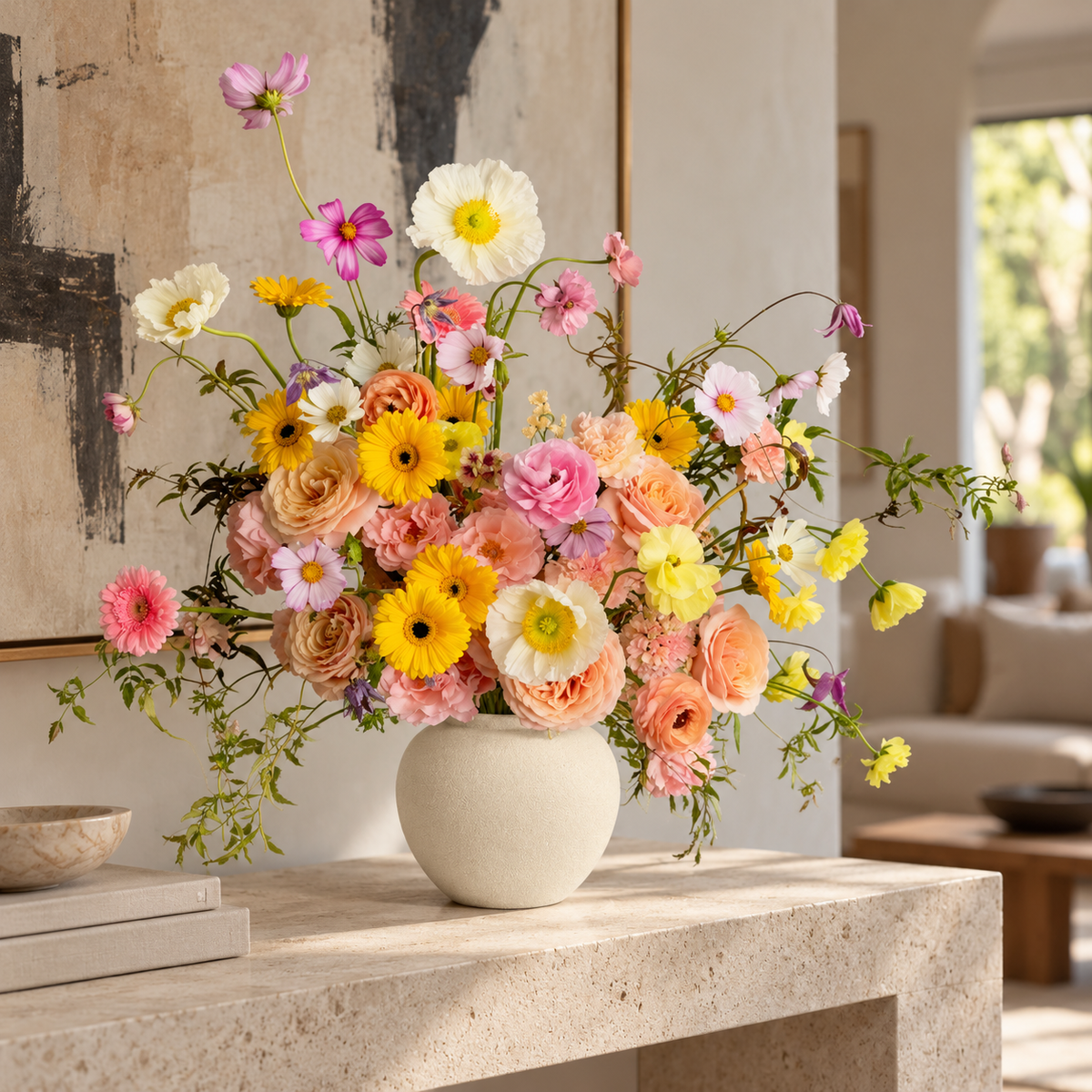 A vibrant, multicolored floral arrangement featuring yellow daisies, pink and peach roses, white cosmos, and purple accents, presented in a matte white ceramic vase on a light stone console table in a modern living room setting.