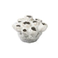 A ceramic cluster organic vase with a distressed finish and a banded tapered bottom, in moss green color.
