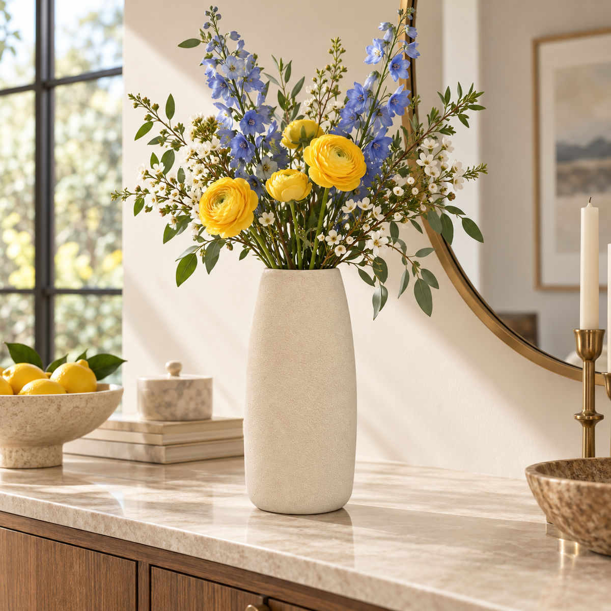 A tall, matte off-white ceramic vase filled with a colorful floral arrangement of yellow ranunculus, blue delphiniums, and green foliage, styled on a marble countertop in a bright, modern kitchen or living space.