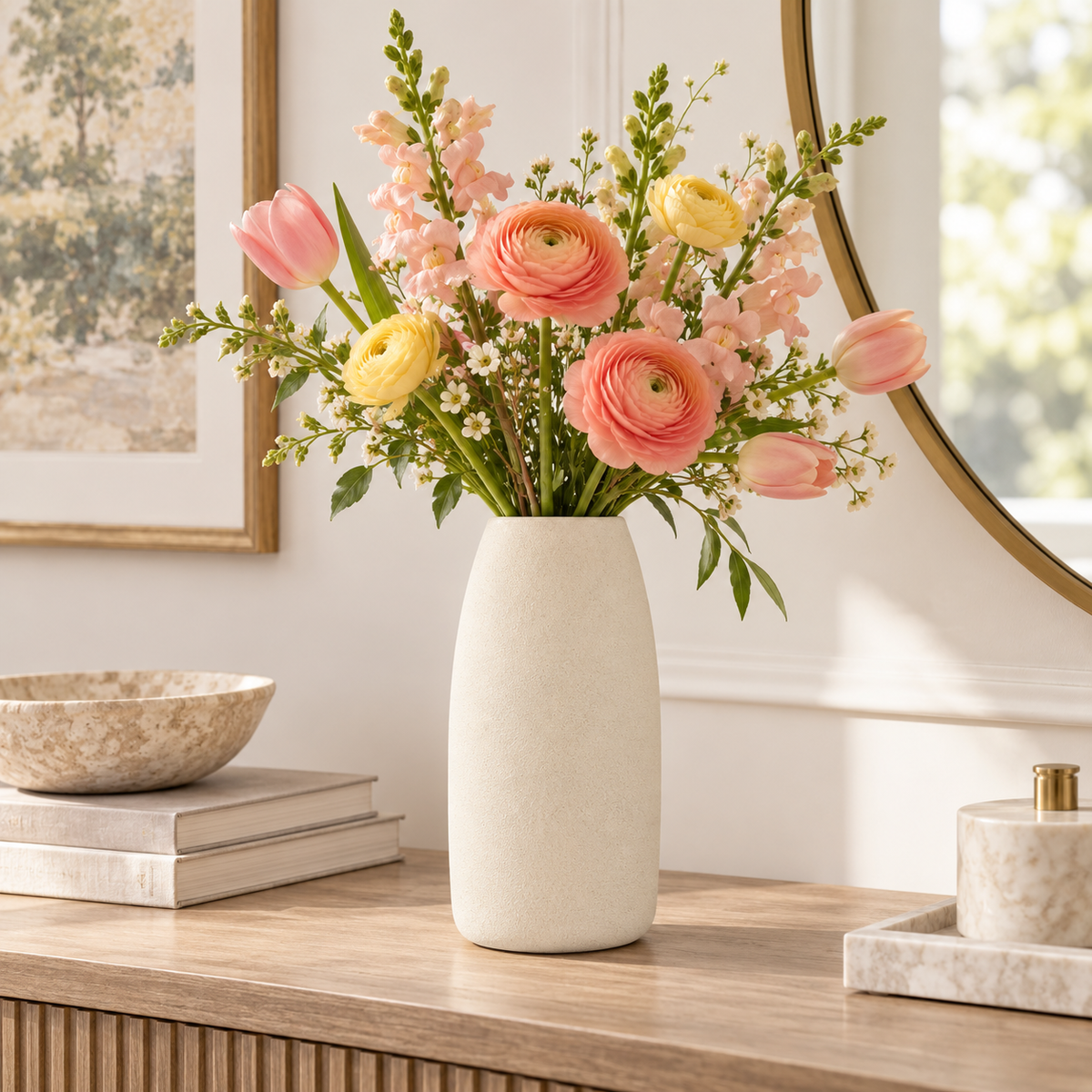 A tall matte off-white ceramic vase filled with a pastel floral arrangement featuring pink ranunculus, peach tulips, yellow flowers, and green foliage, styled on a wooden console table in a bright interior setting.