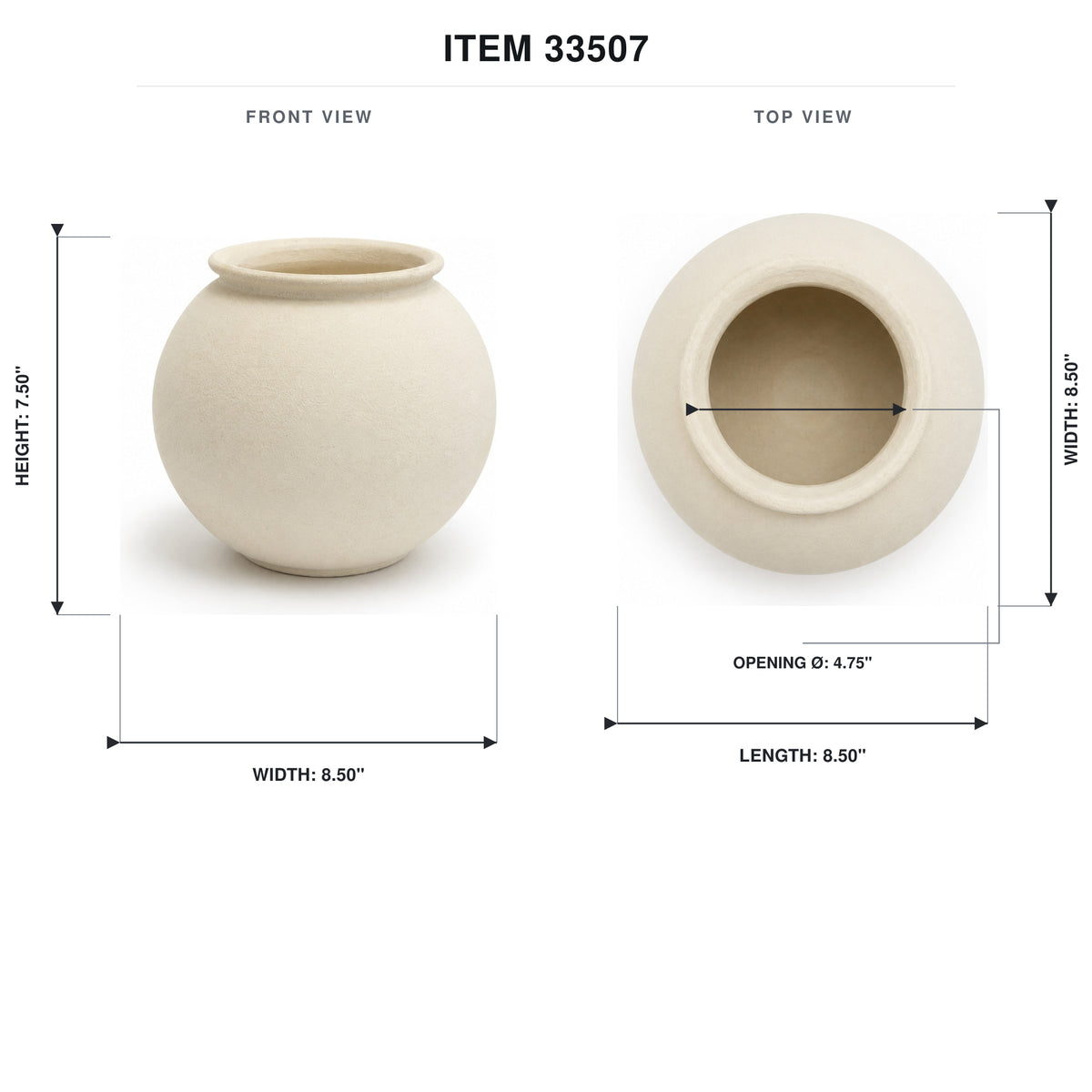 A product dimension diagram showing a round ceramic pot from the front and top views with labeled measurements: height 7.50 inches, width 8.