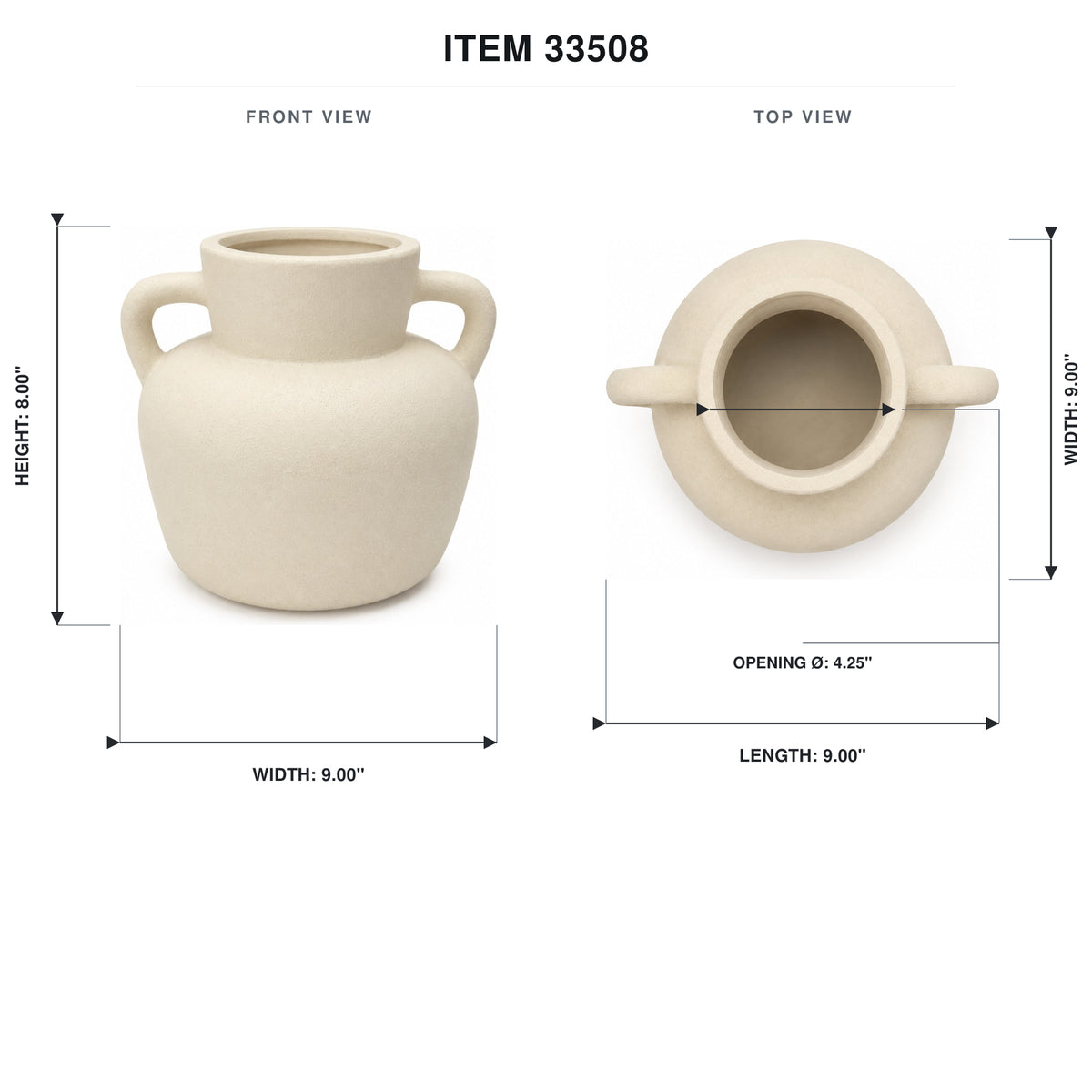 A beige ceramic double-handled vase shown on a white background with front and top views, labeled with dimensions and item number 33508.