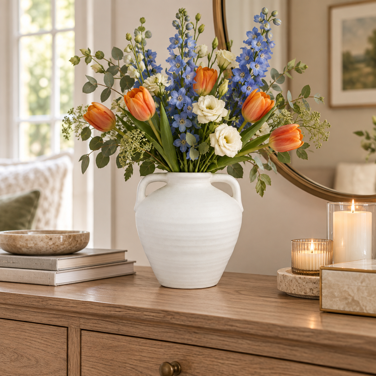 A white ceramic vase filled with a spring flower arrangement of orange tulips, blue delphiniums, and white roses, styled on a wooden console table in a warm, softly lit room.