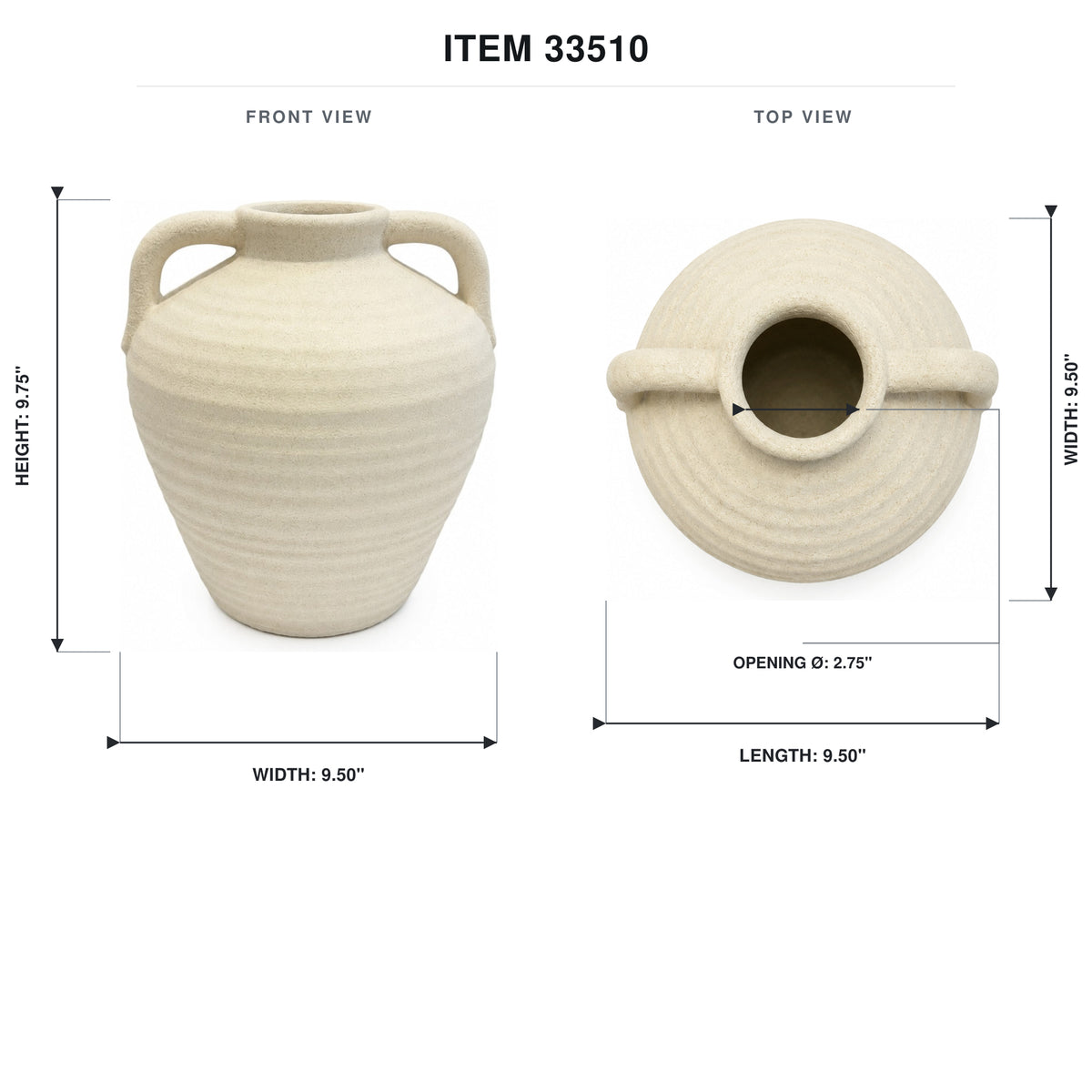 A ceramic vase shown on a white background with front and top views, dimension lines, and text listing measurements: height 9.75 inches, width 9.