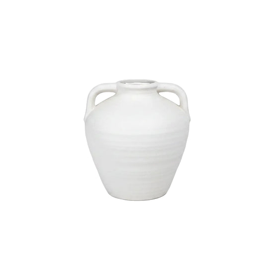 White ceramic vase with handles on a white background
