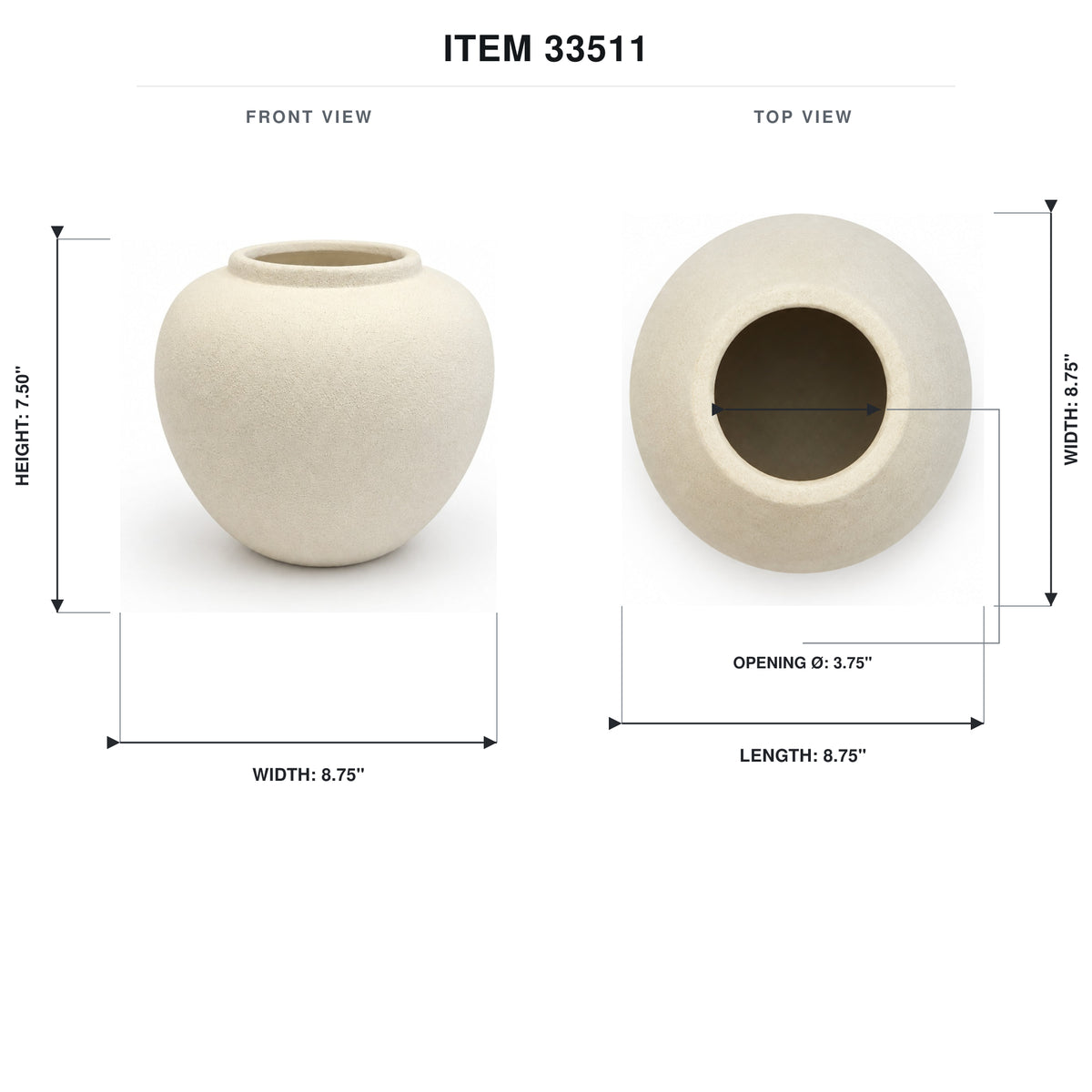 A white ceramic vase shown with front and top views and dimension labels on a white background. The image includes text reading ITEM 33511 and measurements for height, width, opening diameter, and length.