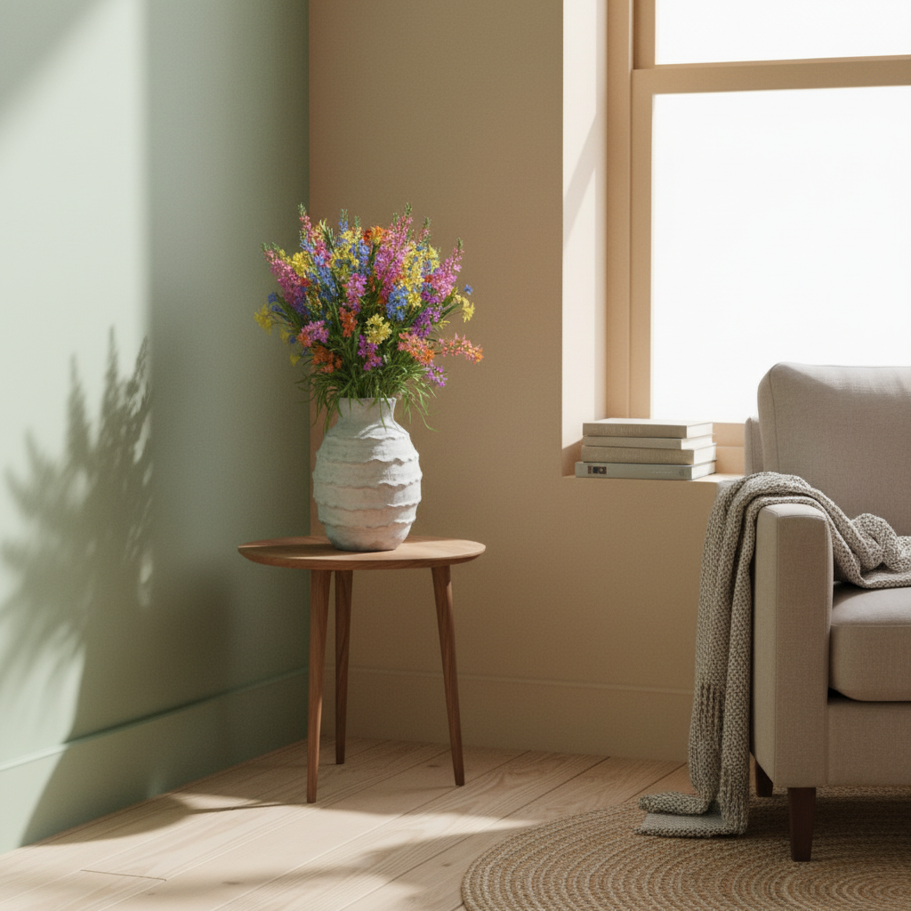 Living room with a vase of flowers on a small table, sunlight streaming in through a window.