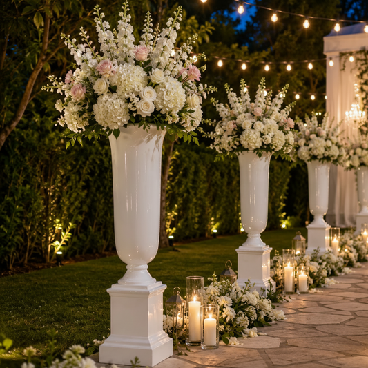 Outdoor wedding garden setup with tall white urn-style flower vases filled with white and blush floral arrangements, a stone aisle lined with candles and small flowers, warm string lights, greenery, and a draped white pavilion in the background.